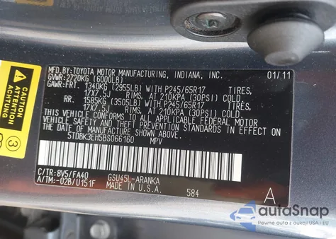 2011 Toyota Highlander Base V6 from USA, damaged, VIN 5TDBK3EH5BS066160